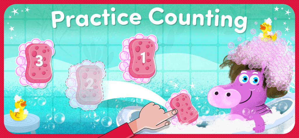 Pantalla de juego interactivo de conteo que muestra un hipopótamo en una bañera con esponjas numeradas.