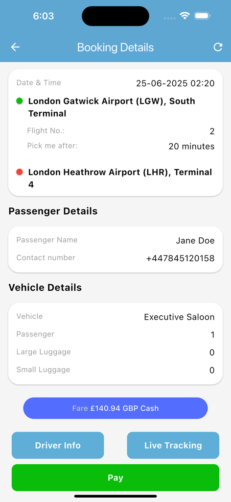 Premier Cars Airport Transfers - Premier Cars app screen showing executive airport transfer booking details from Gatwick to Heathrow
