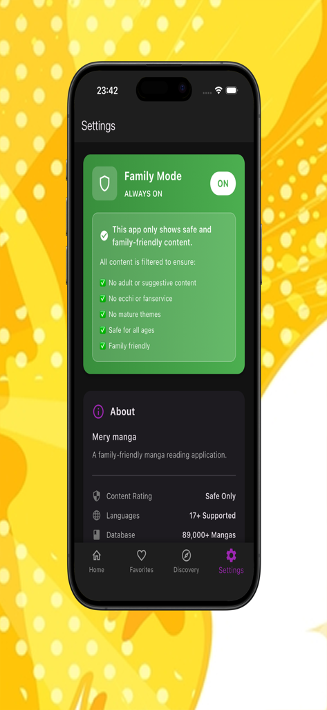 Romance Manga Galaxy: MangaDex - Settings screen of the Romance Manga Galaxy app showing the Family Mode feature activated for safe content filtering