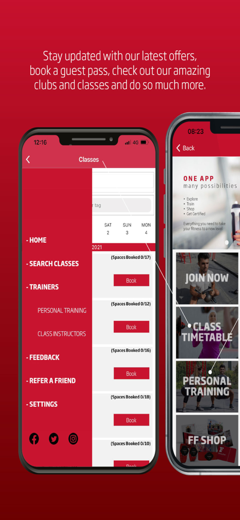 Interface of Fitness First MENA app showing class schedules and navigation menu for training sessions