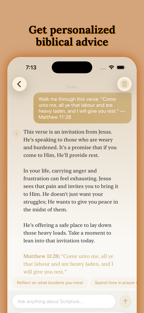 Bible Plus: Pray, Study & Read - Interface de l'application Bible Plus montrant un compagnon spirituel IA fournissant des conseils bibliques personnalisés et des réflexions sur les versets.