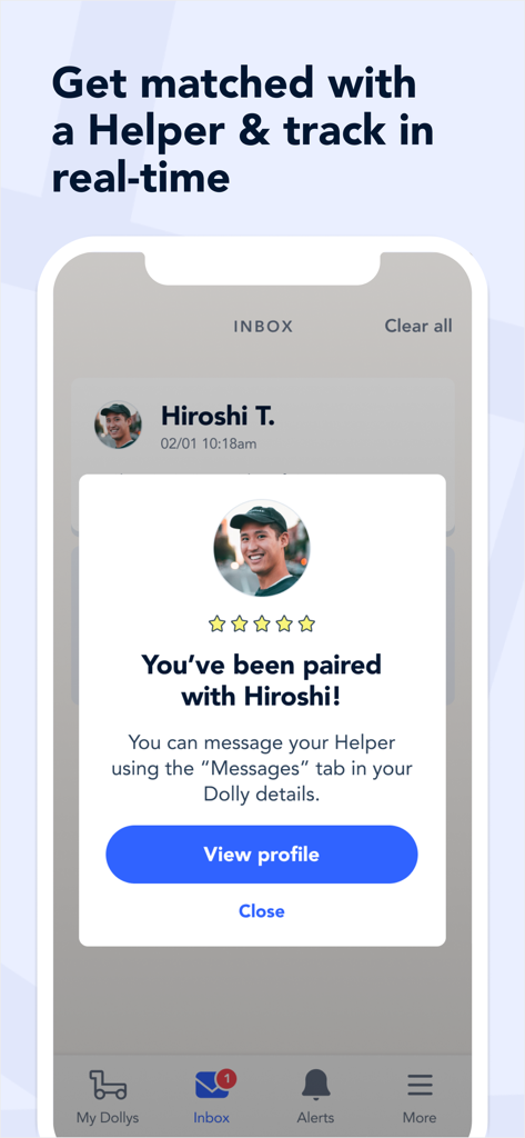 Dolly app screen showing a user successfully matched with a local moving helper including their profile and rating