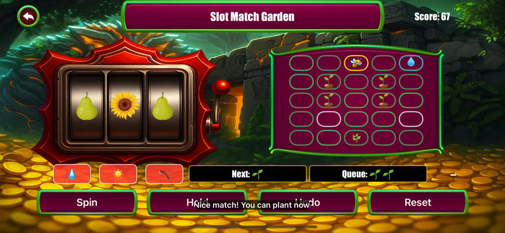 Xaldrith Phydal Slots - Gameplay screenshot of the Slot Match Garden mode in Xaldrith Phydal Slots showing a slot machine next to a garden grid.