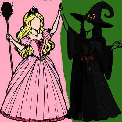detailed realistic split of a princess and a witch