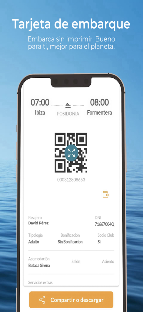 BALEÀRIA: Travel by ferry - Schermata del telefono cellulare che visualizza una carta d'imbarco digitale con un codice QR per un viaggio in traghetto tra Ibiza e Formentera.
