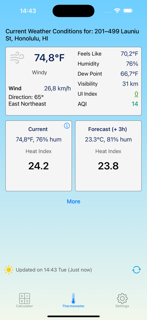 Heat Index Calculator Pro - Heat Index Calculator Pro app displaying current weather conditions and a 3-hour heat index forecast
