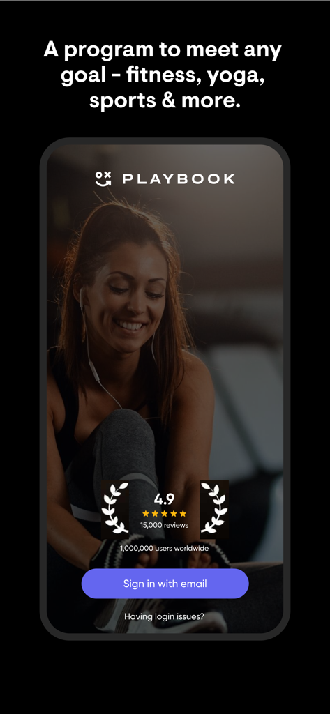 Playbook app welcome screen featuring a woman in gym clothes and high user ratings