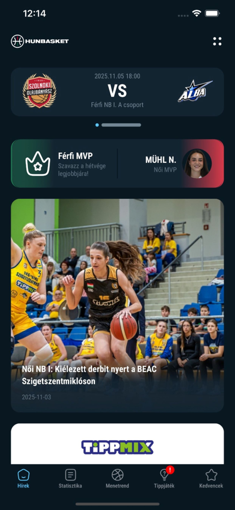 Hunbasket mobile app home screen showing Hungarian basketball news and upcoming matches