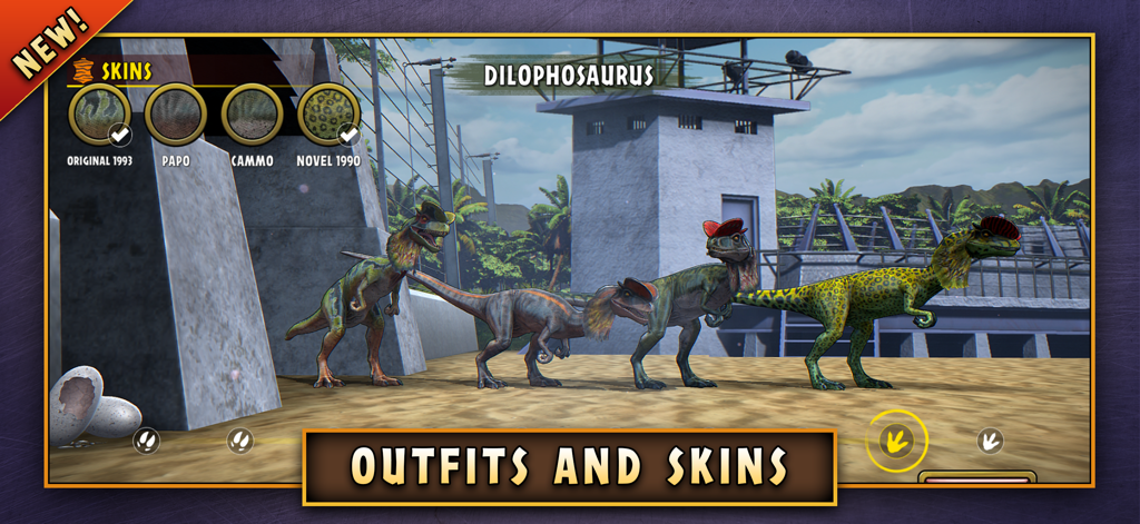 Jurassic Survivor: Evolved - Un menú que muestra diferentes atuendos y skins desbloqueables para el dinosaurio Dilophosaurus en el juego Jurassic Survivor Evolved.