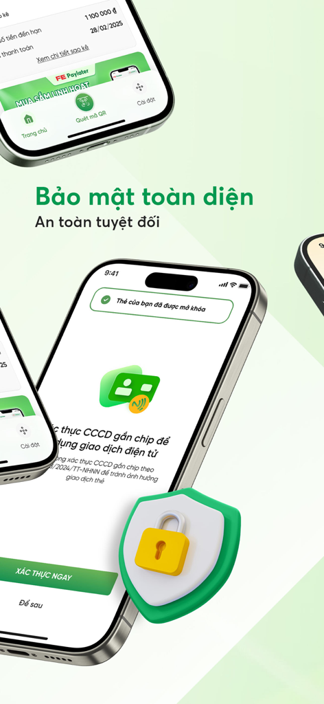 Interface do aplicativo móvel FE ONLINE 2.0 mostrando recursos de segurança abrangentes com ícones de escudo e cadeado.