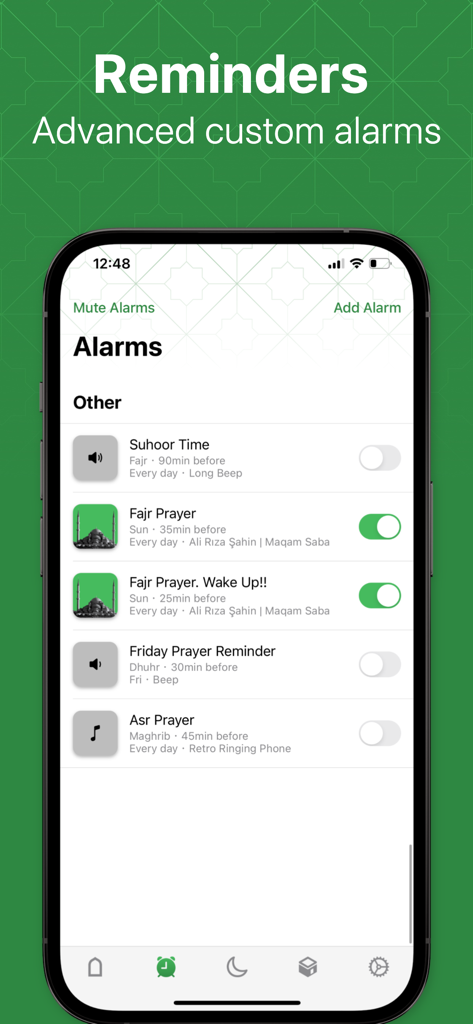 Namaz app alarm settings screen showing custom prayer reminders for Fajr Suhoor and Friday prayer