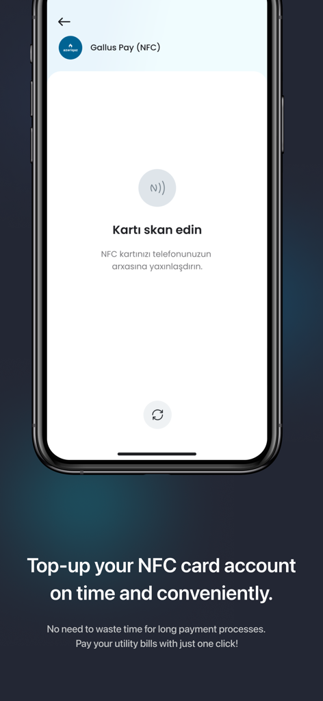 Schermata dell'app MPAY che mostra l'interfaccia di ricarica delle carte delle utenze NFC per servizi azzeri