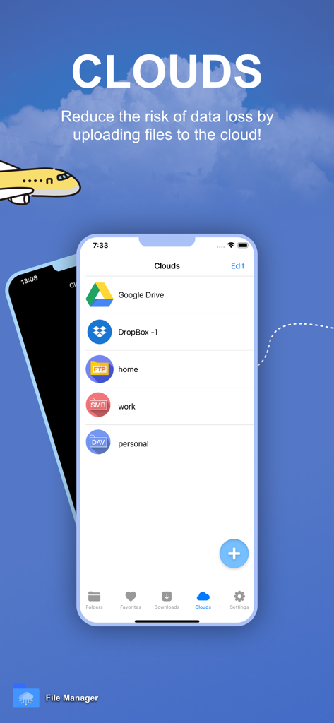 Interface showing multiple cloud storage services integrated within the File Manager app including Google Drive and Dropbox