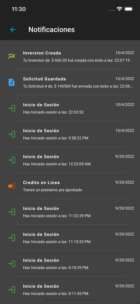 Cacspmec Móvil - Pantalla de notificaciones en la aplicación Cacspmec Movil mostrando actividad reciente de la cuenta e historial de inicio de sesión