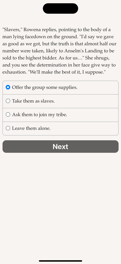Uma tela de história interativa baseada em texto de Saga of the North Wind mostrando diálogo narrativo e múltiplas opções de escolha do jogador.