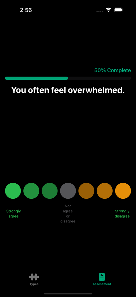 YourMyersBriggs - The YourMyersBriggs app assessment interface showing a personality question with a response scale from strongly agree to strongly disagree.