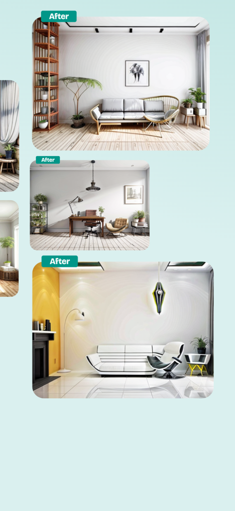 HomeGen AI: Interior Decor - KI-generierte Raumtransformationen, die moderne Wohn- und Bürolösungen zeigen.