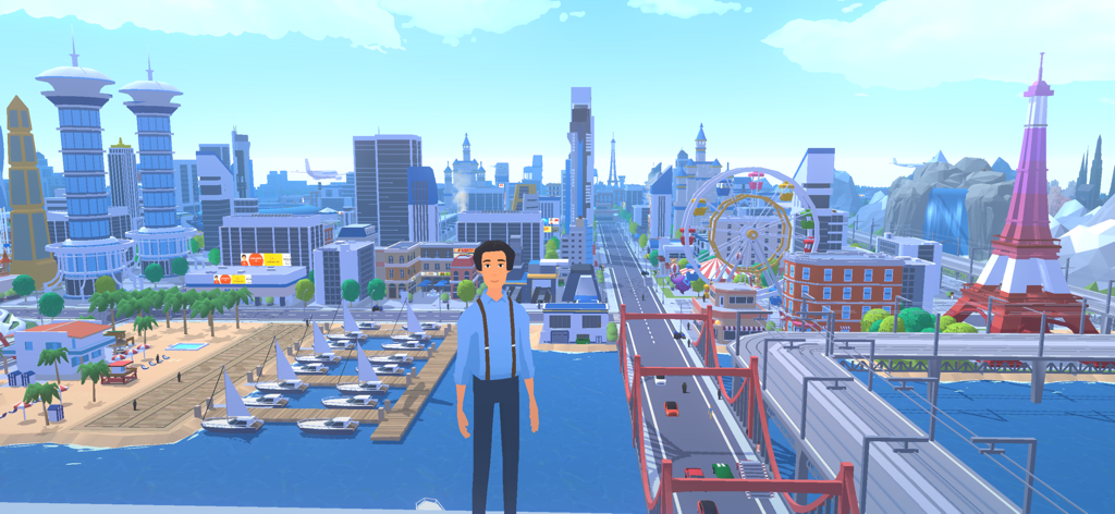 Pocket City 2 - A 3D city landscape in Pocket City 2 showing a player avatar and various buildings