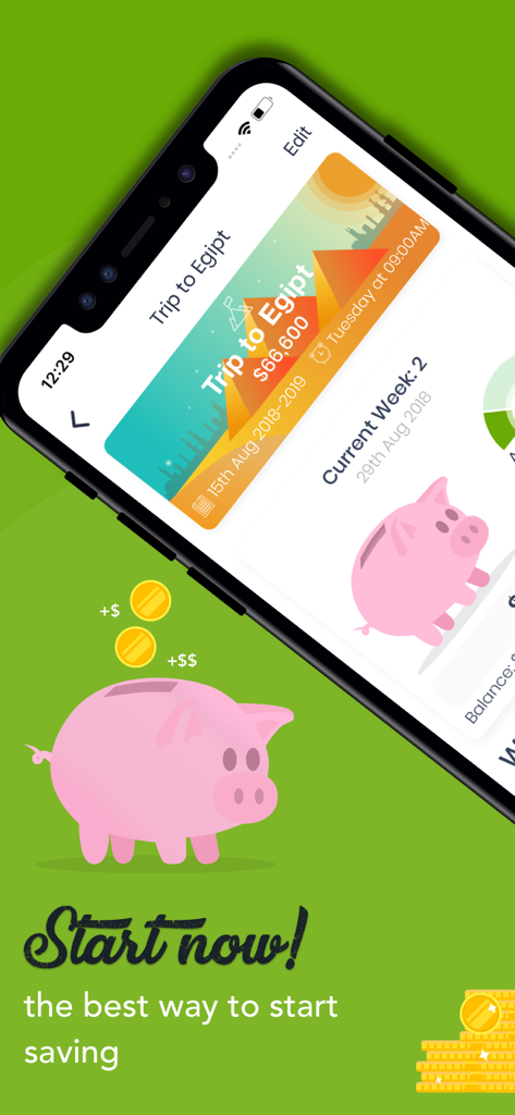 Mobile app interface showing a savings goal for a trip to Egypt with a pink piggy bank illustration.