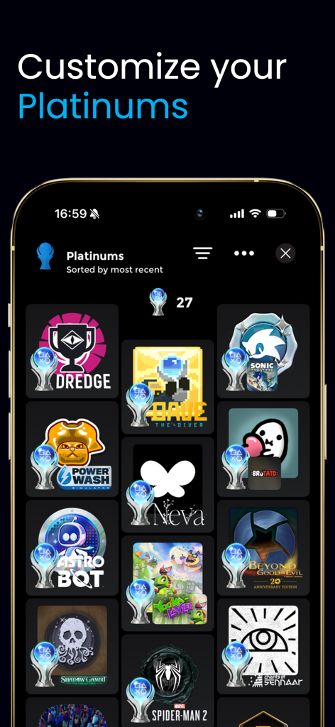 Interface of Area X app displaying a personalized collection of PlayStation Platinum trophies for various video games.