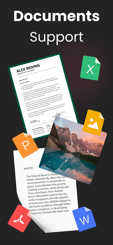 AI Chatbot interface showing support for various file formats including Word Excel PDF and image documents