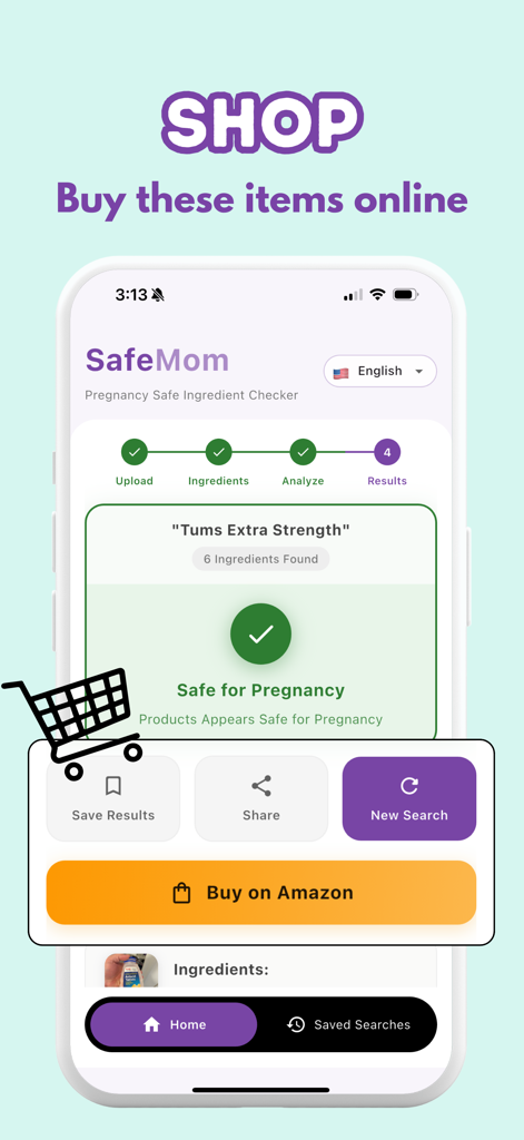 Application SafeMom montrant un résultat de scan sans danger pour la grossesse pour Tums avec un bouton Acheter sur Amazon.