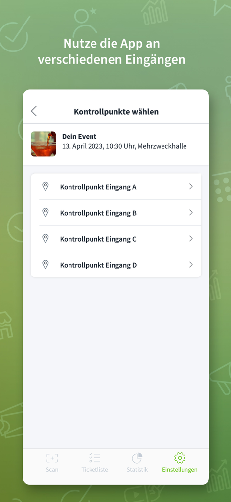 Entry - Entry-App-Bildschirm mit einer Liste auswählbarer Kontrollpunkte für verschiedene Veranstaltungszugänge.