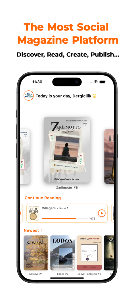 MagPublish - MagPublish app home screen showing digital magazine discovery and reading progress