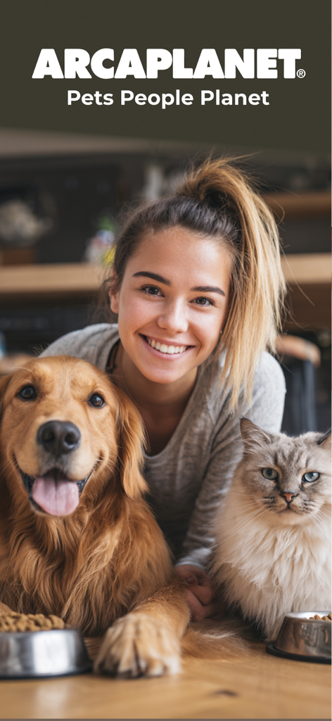 Smiling woman with a golden retriever and a cat featuring the Arcaplanet logo