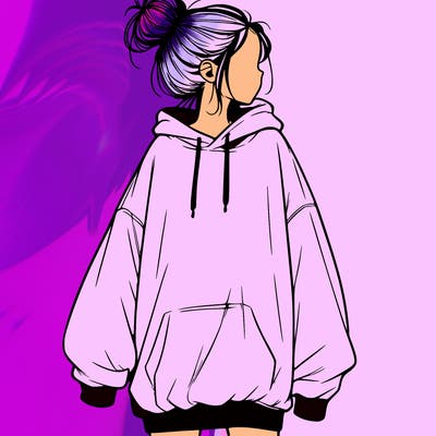 realistic girl with a oversized sweatshirt on and a bun