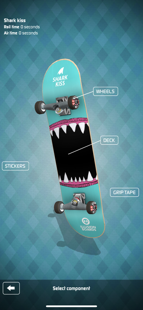 Touchgrind Skate 2 - Skateboard customization screen in Touchgrind Skate 2 showing a shark themed deck and component labels