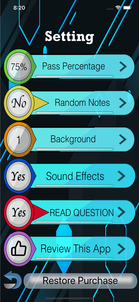 Settings screen of the CT Registry Test Pro app displaying options for pass percentage, sound effects, and voice reading