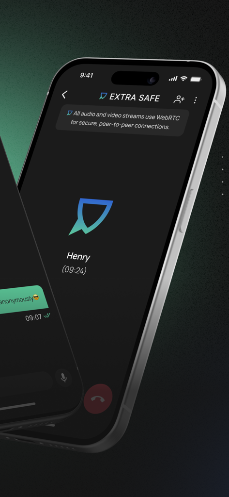 Interface do aplicativo Extra Safe em um iPhone mostrando uma chamada peer-to-peer segura com criptografia de ponta a ponta