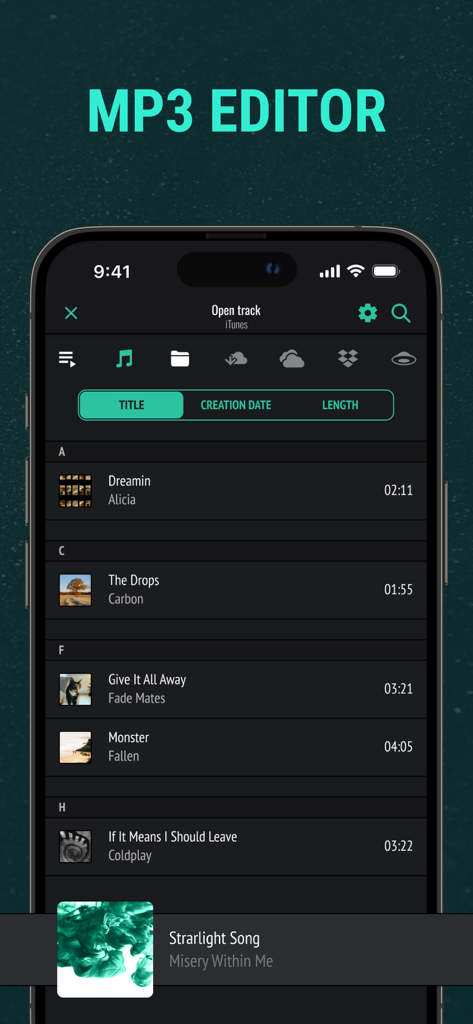 Sound Editor: Audio Changer - Interface of the Sound Editor app displaying a music library with cloud storage integration for audio editing.