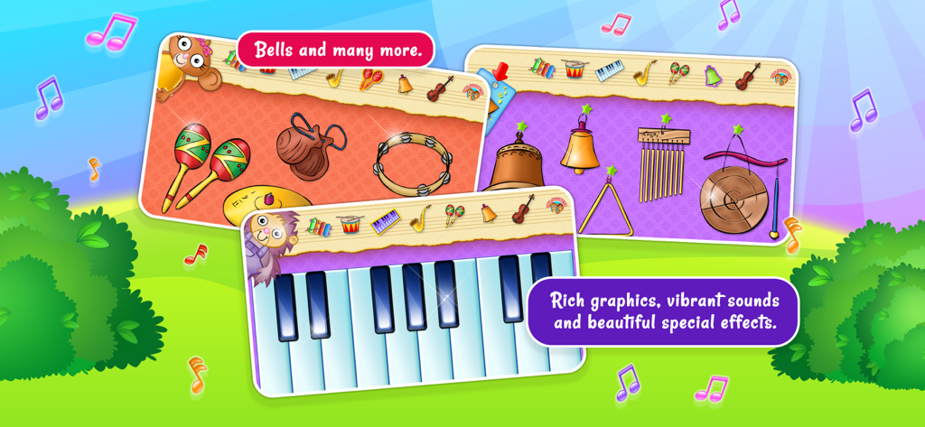 123 Fun MUSIC Games - Écrans d'application colorés montrant un piano, des cloches et divers instruments de percussion pour les tout-petits et les enfants d'âge préscolaire