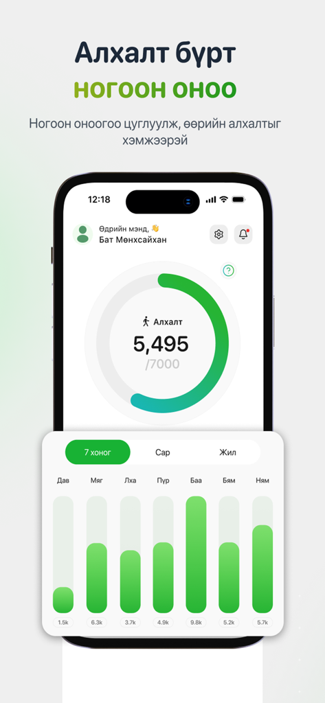 Green Score Nature - Green Score Nature app screen showing daily steps and weekly activity chart