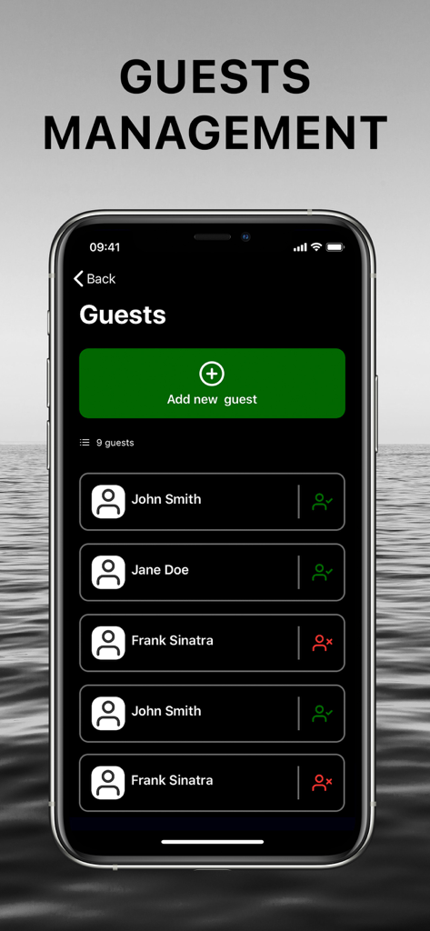 Yacht Manager App - Yacht Manager App interface showing guest management screen with add new guest button and passenger list