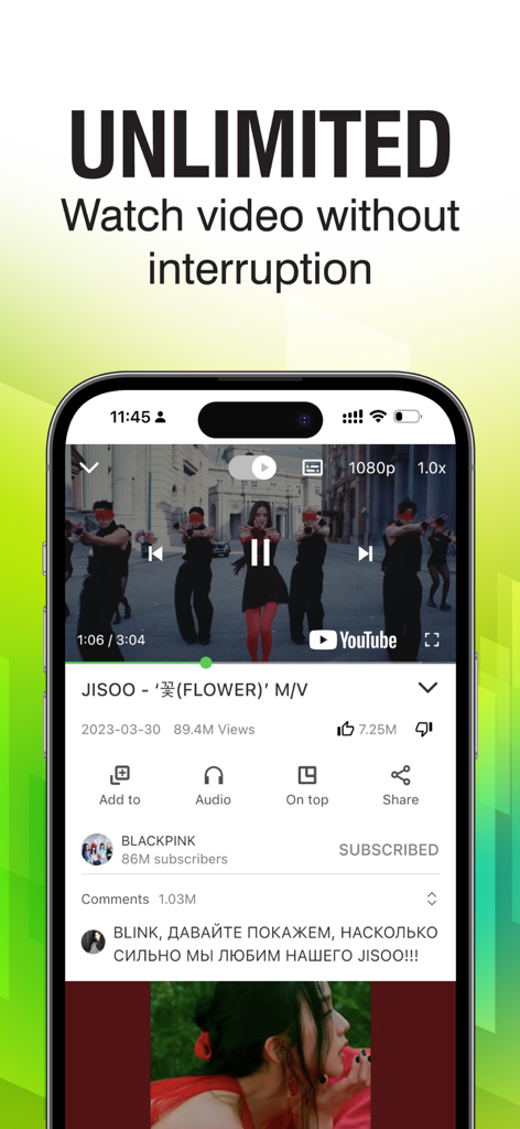 POPTube: Music & Video Podcast - Interfaz de la aplicación POPTube en un iPhone que muestra un reproductor de video musical con un mensaje de transmisión sin publicidad