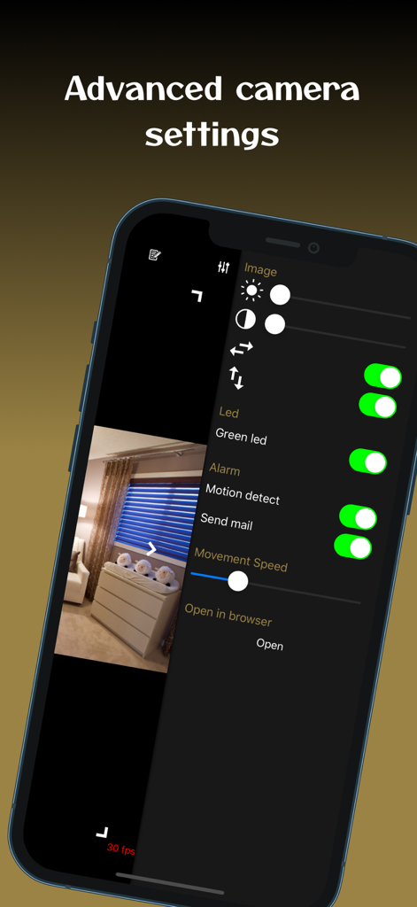 Interface de configurações avançadas do aplicativo Heden VisionCam mostrando detecção de movimento e controles de imagem.