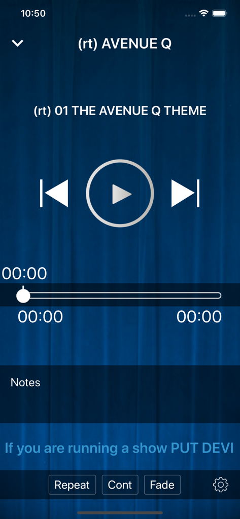 MTI Player - MTI Playerアプリのインターフェース。ミュージカル作品の音楽再生コントロールが表示されています。