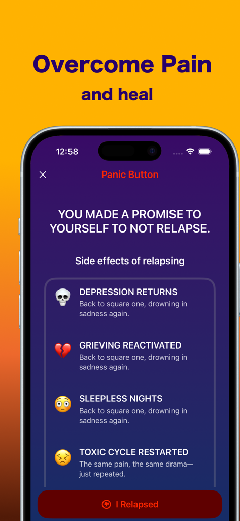 BREAKFREE: No Contact Tracker - The Panic Button screen in the Breakfree app listing negative side effects of relapsing on no-contact