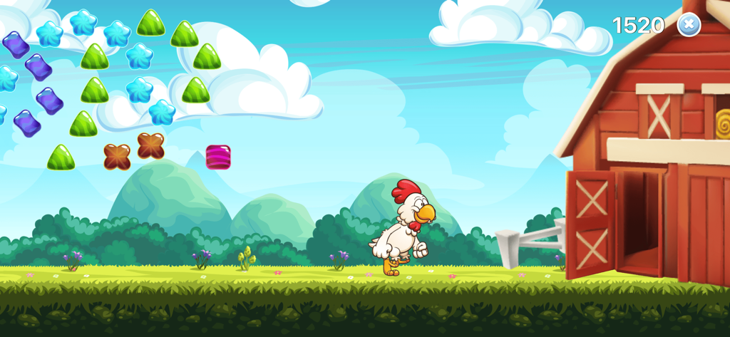 A cartoon chicken character walking towards a red barn in a colorful landscape with floating geometric gems