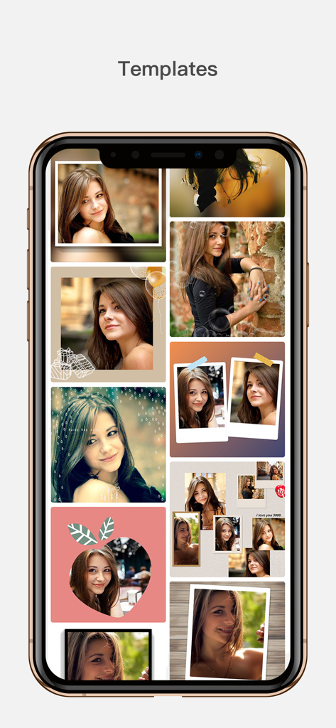 InFrame - Photo editor collage - A smartphone display showing a collection of creative photo collage templates and artistic frames in the InFrame app