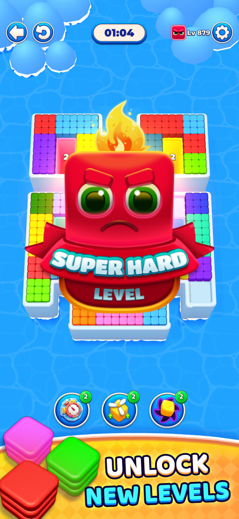 Hole Drop Puzzle - Gameplay screen of Hole Drop Puzzle showing a super hard level with vibrant blocks and a red character.