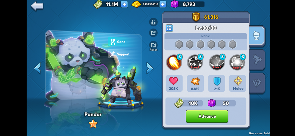 Perfil del personaje de Pandar, un héroe de apoyo de la facción Gene en City Arena, que muestra estadísticas y habilidades