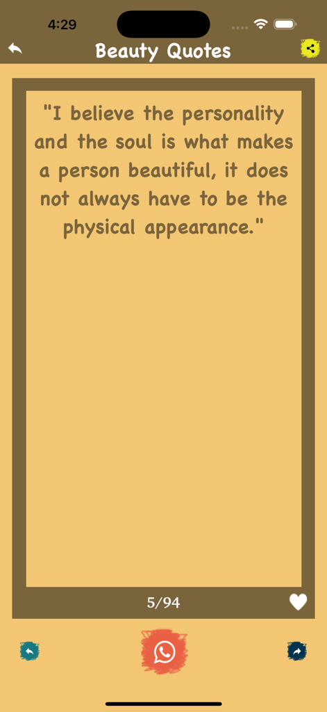 WhatsApp에서 공유 옵션이 있는 내면의 아름다움과 개성에 대한 영감을 주는 인용구를 표시하는 모바일 앱 화면