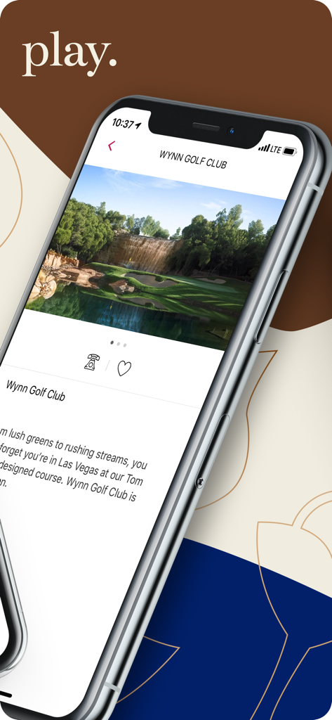 Wynn Resorts - A smartphone displaying the Wynn Golf Club section of the Wynn Resorts app featuring a lush green golf course with a waterfall