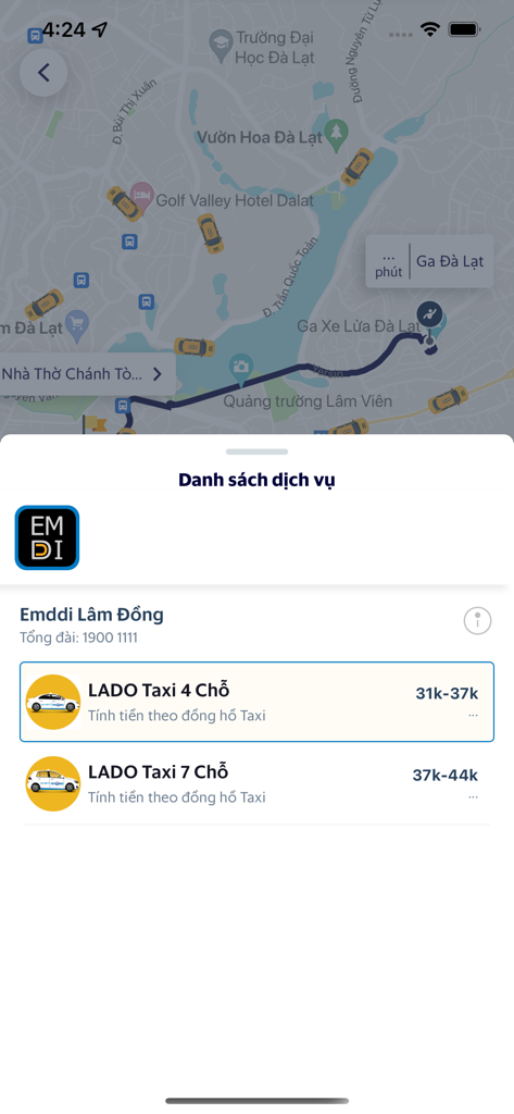 Lado Taxi - Lado Taxi mobile app interface displaying a map of Da Lat and options for 4-seater and 7-seater vehicle services with estimated pricing.