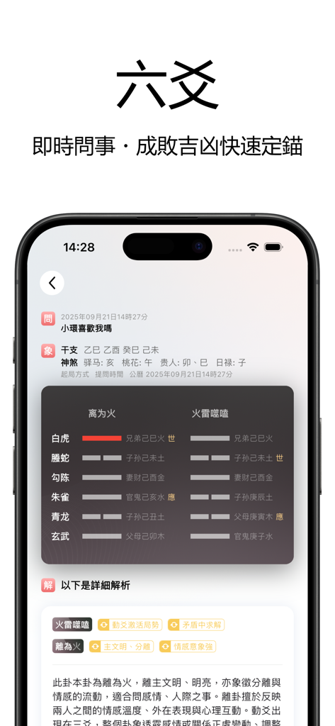 Interfaccia del risultato della divinazione Liu Yao che mostra il grafico dell'esagramma e l'analisi testuale nell'app AI Fortune Telling Master.