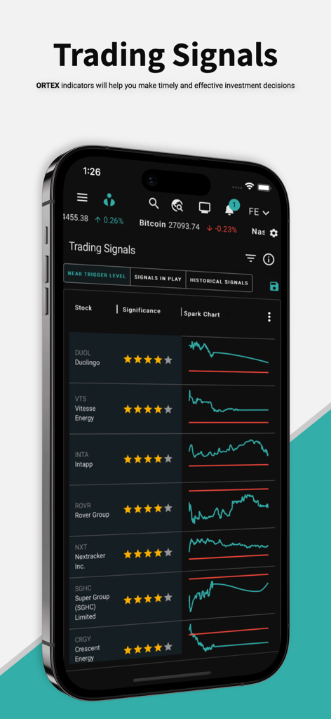 Interfaz de la aplicación ORTEX que muestra señales de trading de acciones con estrellas de significancia y gráficos de chispas